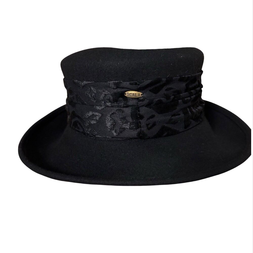 VTG Scala 100% Wool Womens Cloche Hat Rose Bandana Black Old‎ Money 80s